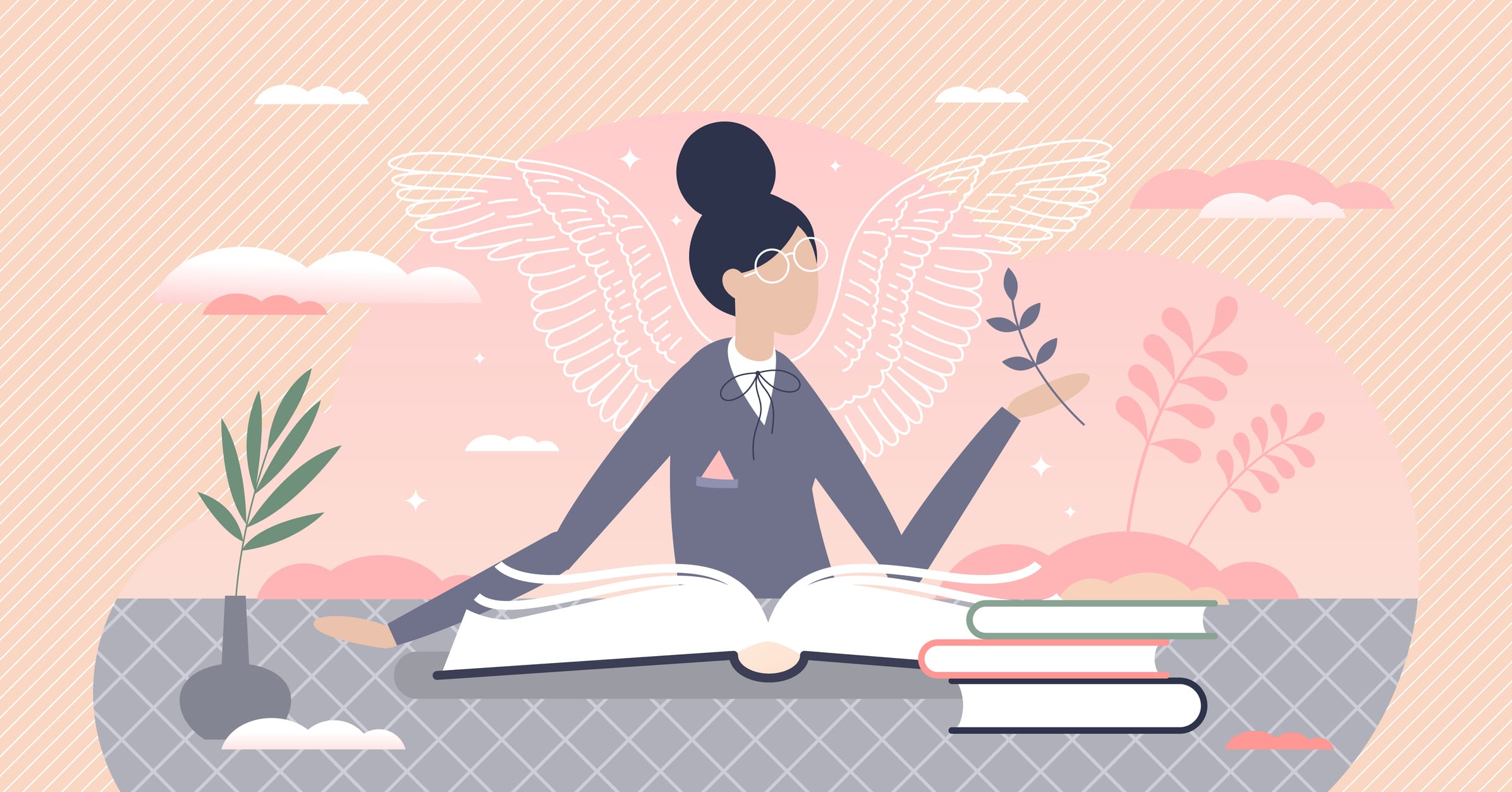 Reading books and literature to grow creative imagination tiny person concept. Literature art for motivation and inspiration as symbolic fantasy wings growth vector illustration. Expand mind horizon.