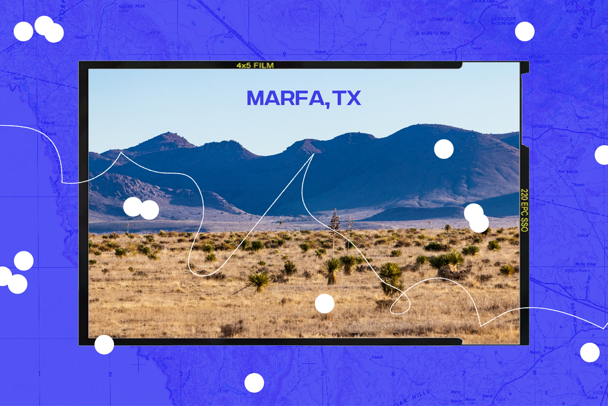 collage of Marfa, Texas landscape on blue map background