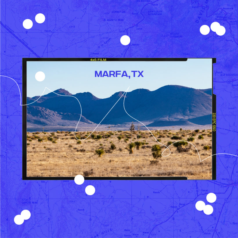 collage of Marfa, Texas landscape on blue map background