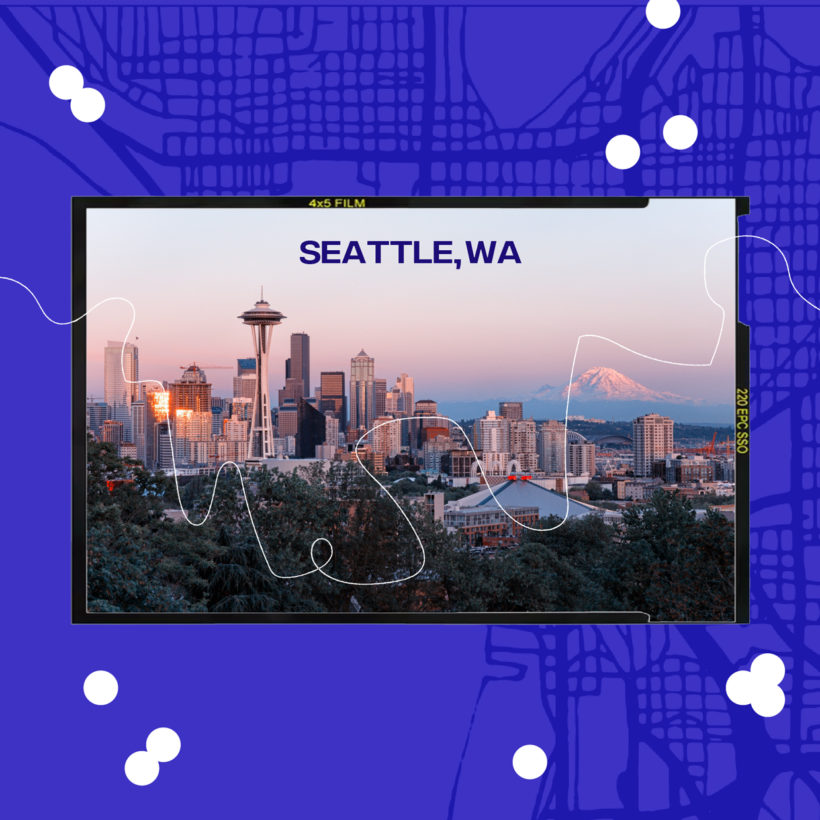 collage of Seattle, WA cityscape on blue map background