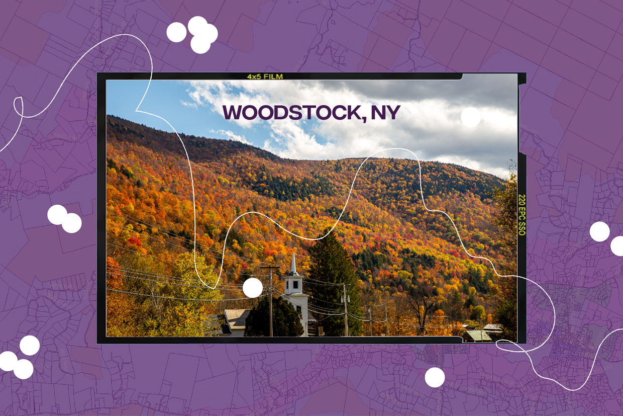 collage of Woodstock, NY landscape on purple map background