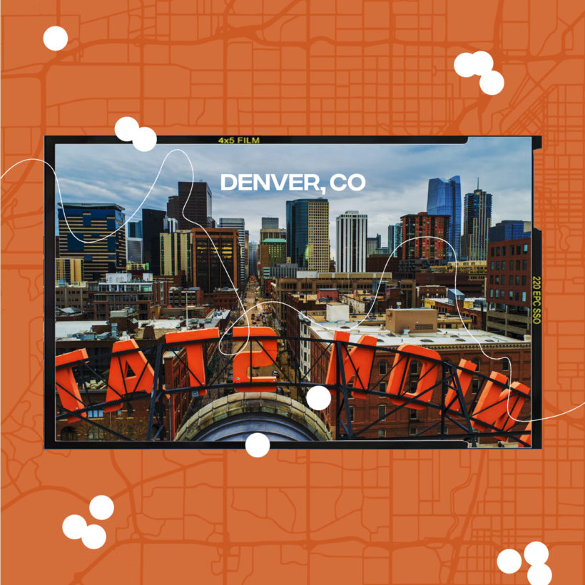 collage of Denver cityscape on orange map background