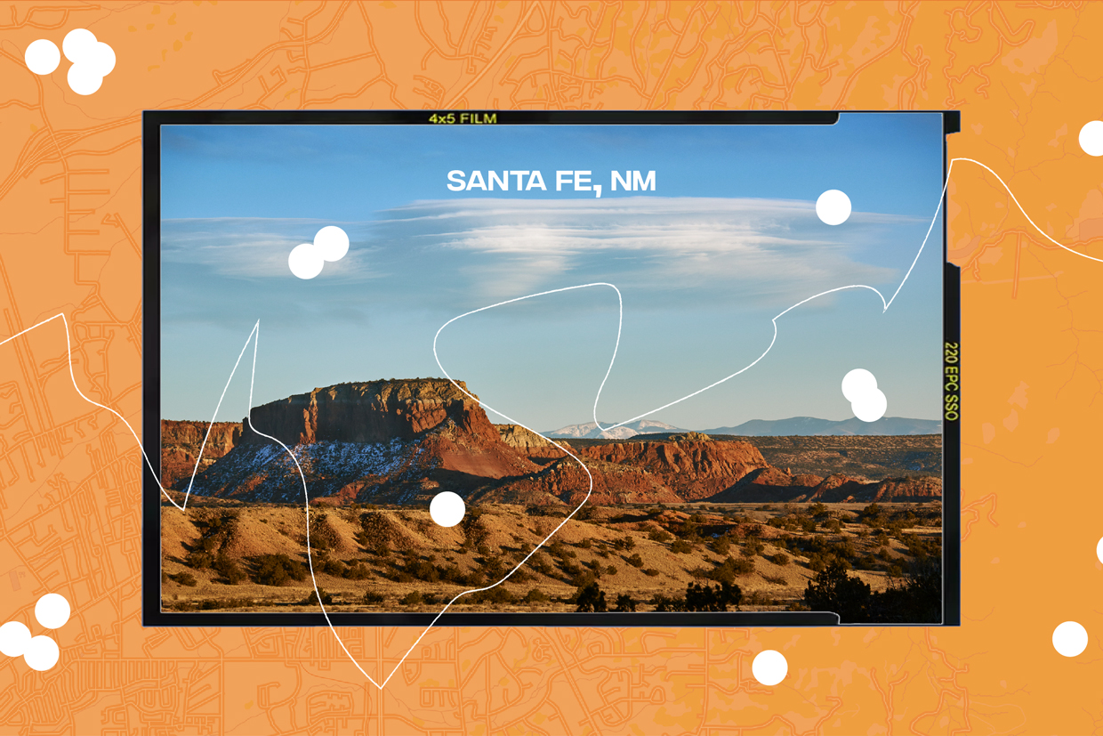collage of Santa Fe desert with map background