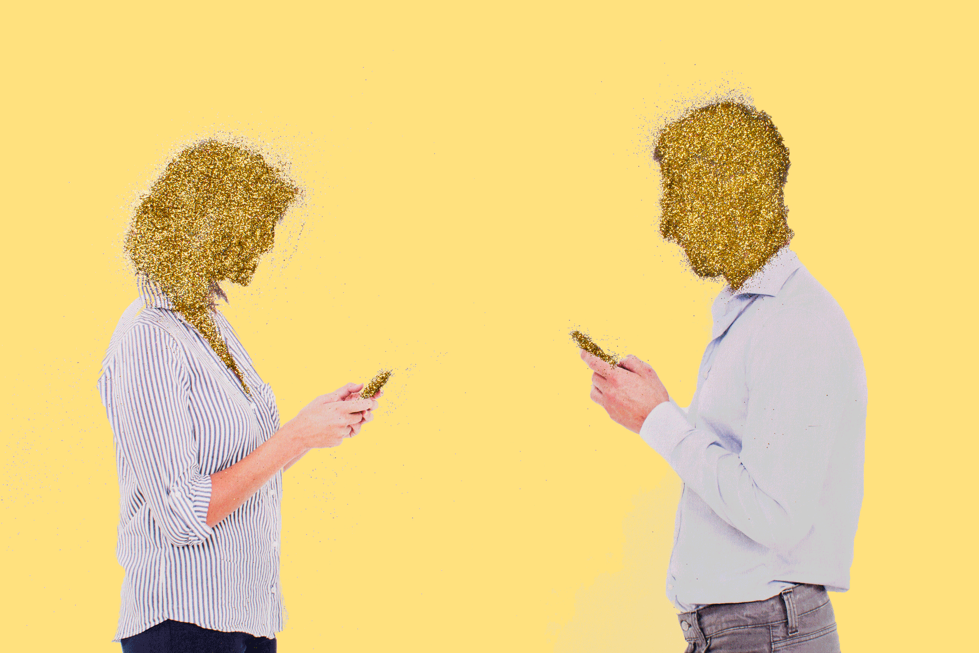 Man and a woman texting with golden heads