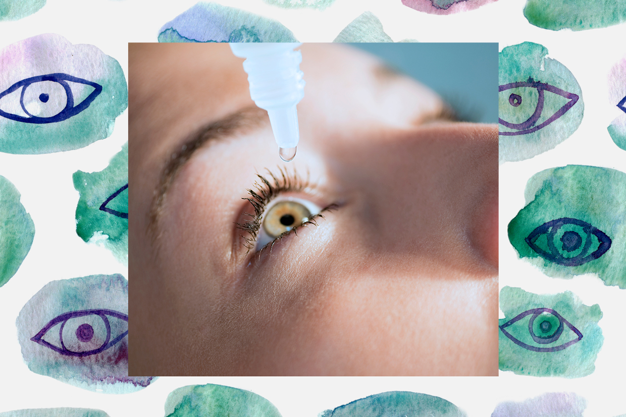 collage of close up of eye drop over eye illustration