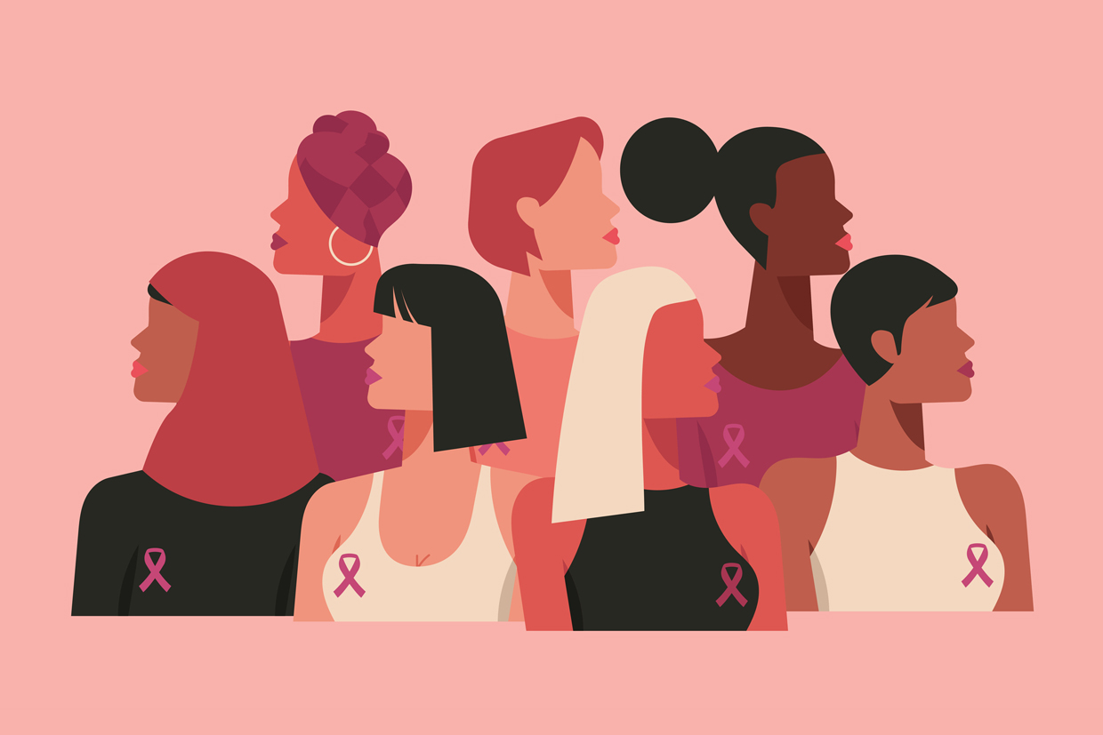 group of women with breast cancer ribbons illustration