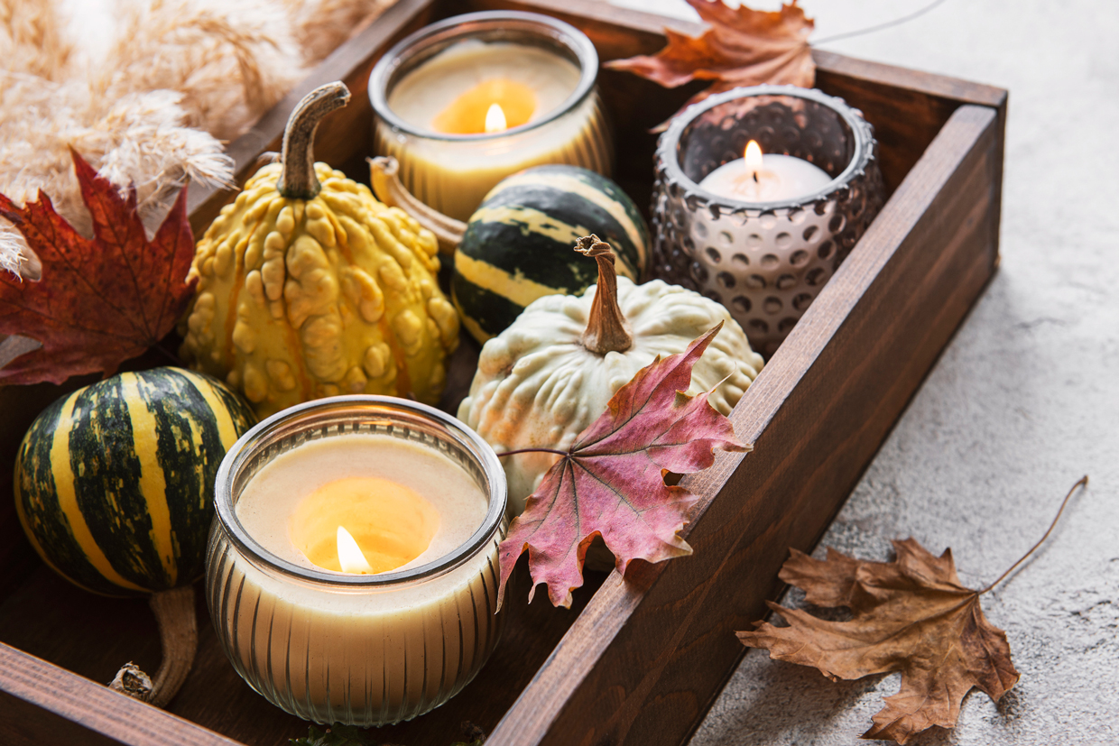 Fall Candle Composition With Multi Color Pumpkins On Rustic Background