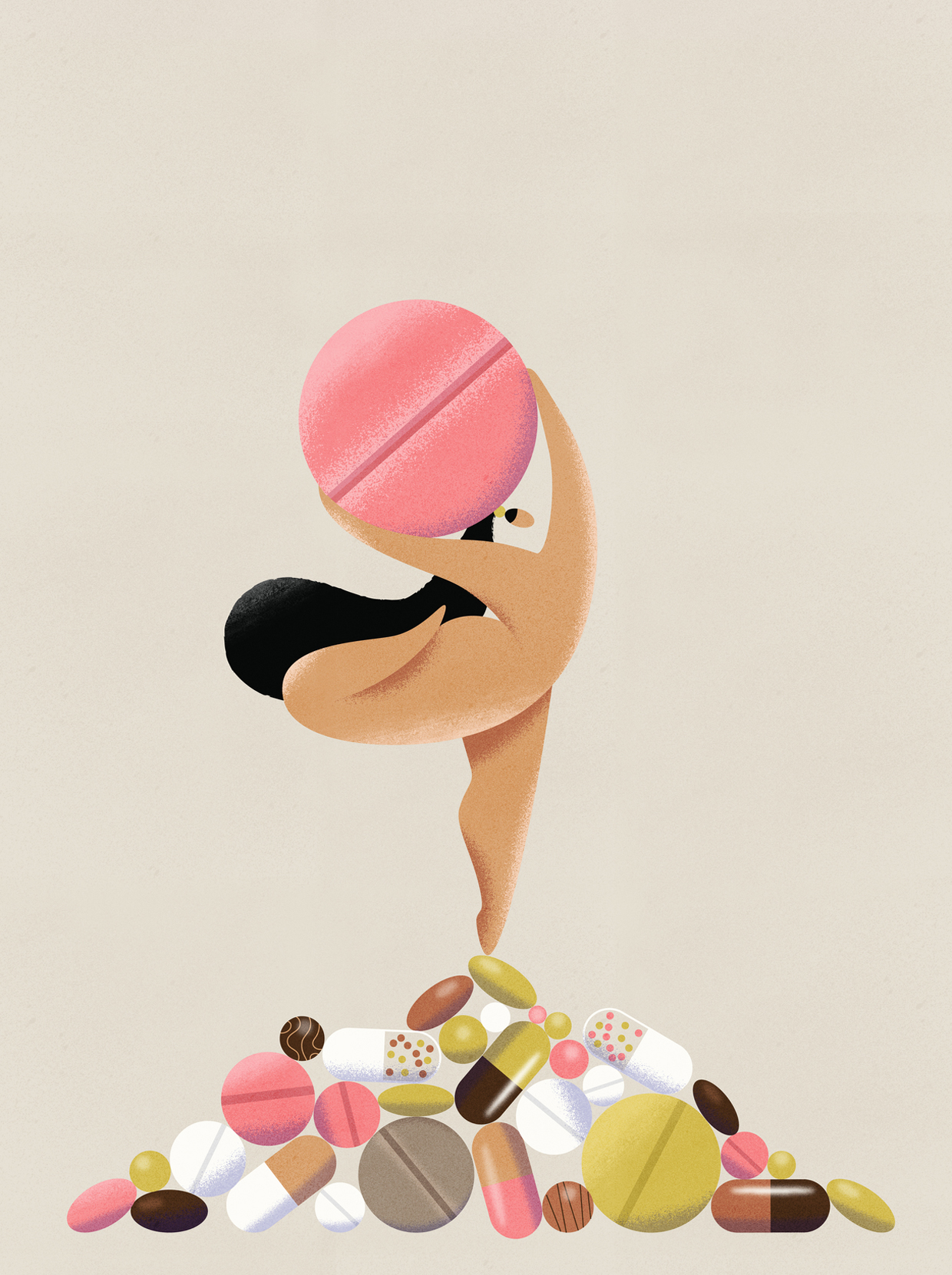 Unrecognizable woman stand on medicine pile with a pill illustration