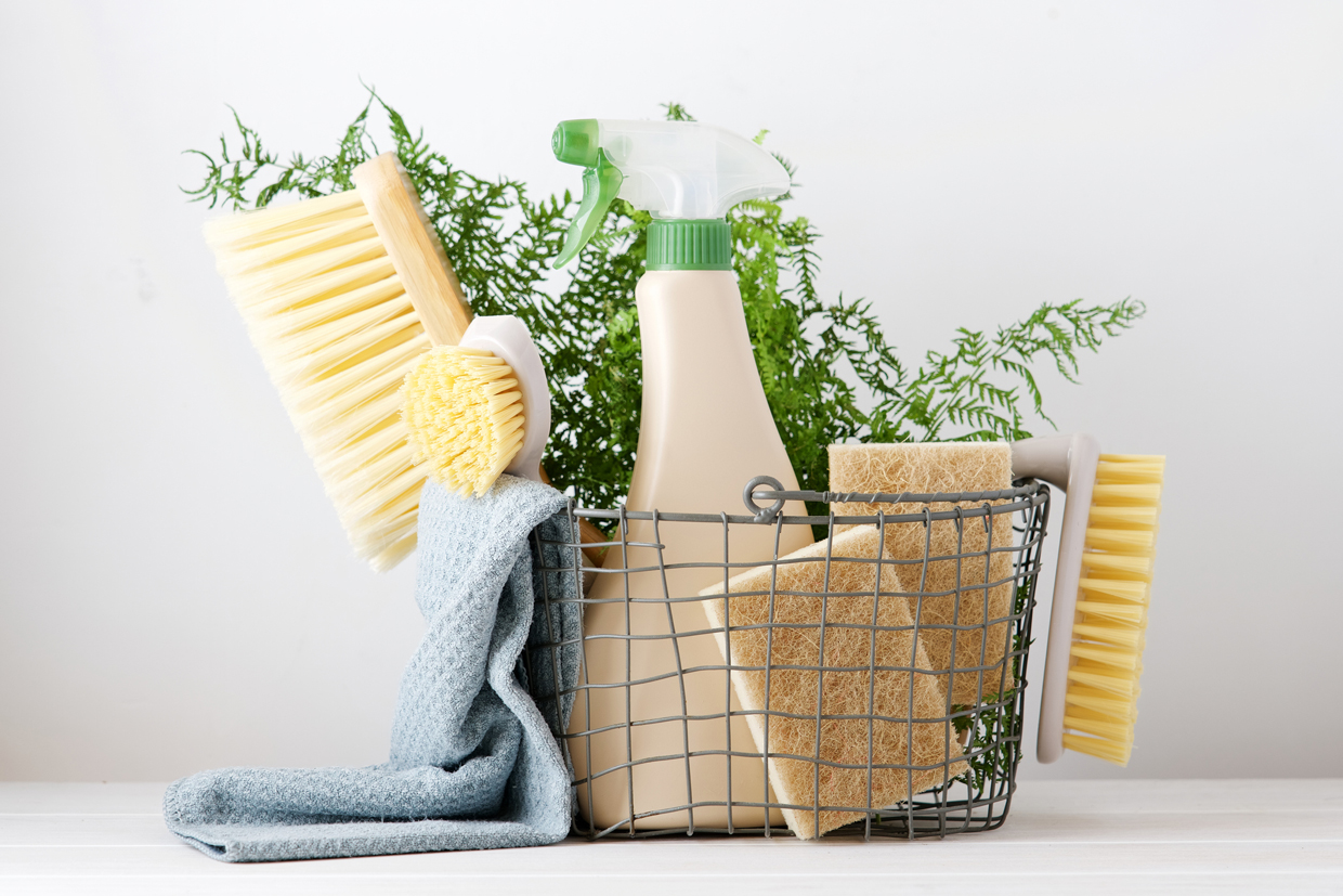 Eco brushes, sponges and rag in cleaning basket