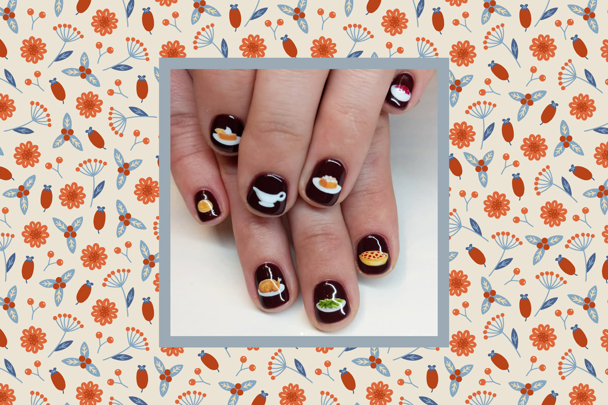 Thanksgiving nail design collage on Autumn seamless pattern with flower, berries, leaves on beige background