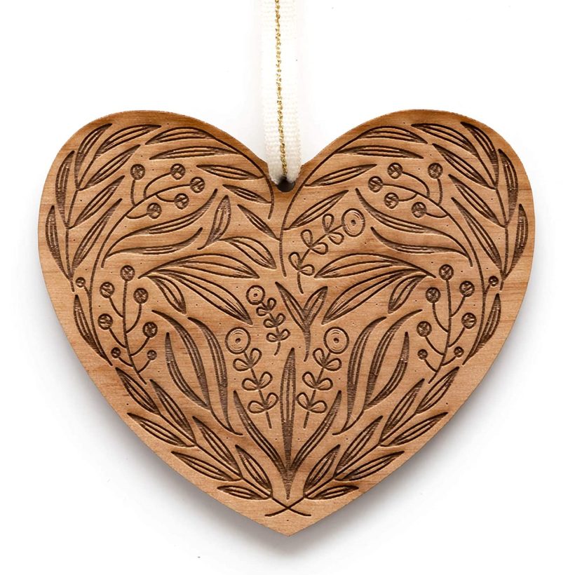 Floral Heart Laser Cut Wood Ornament