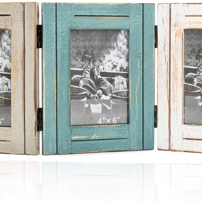 Rustic Trifold Picture Frame 3 Folding 4x6 Hinged Triple Distressed Photo Frame