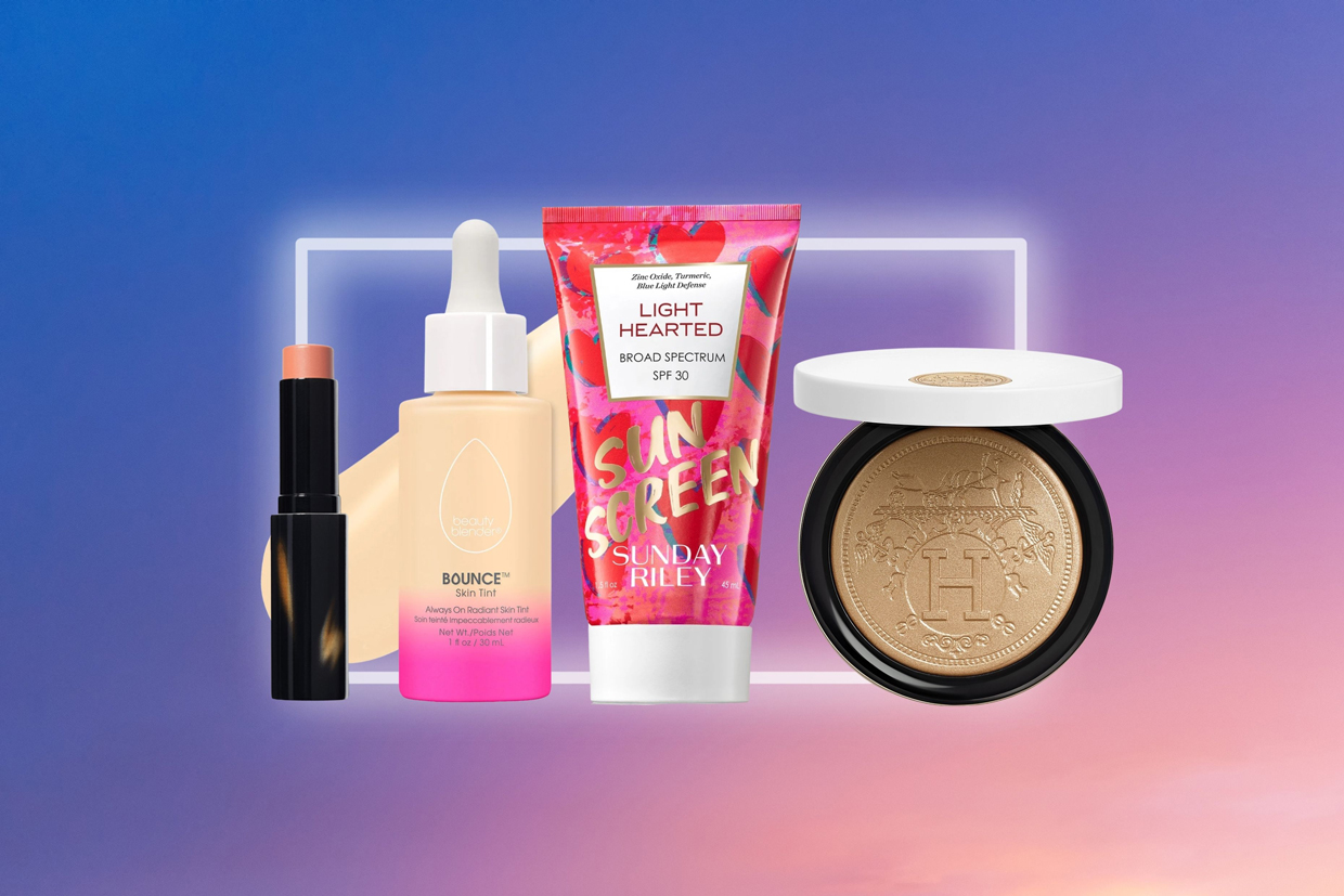 collage of beauty products in front of gradient background