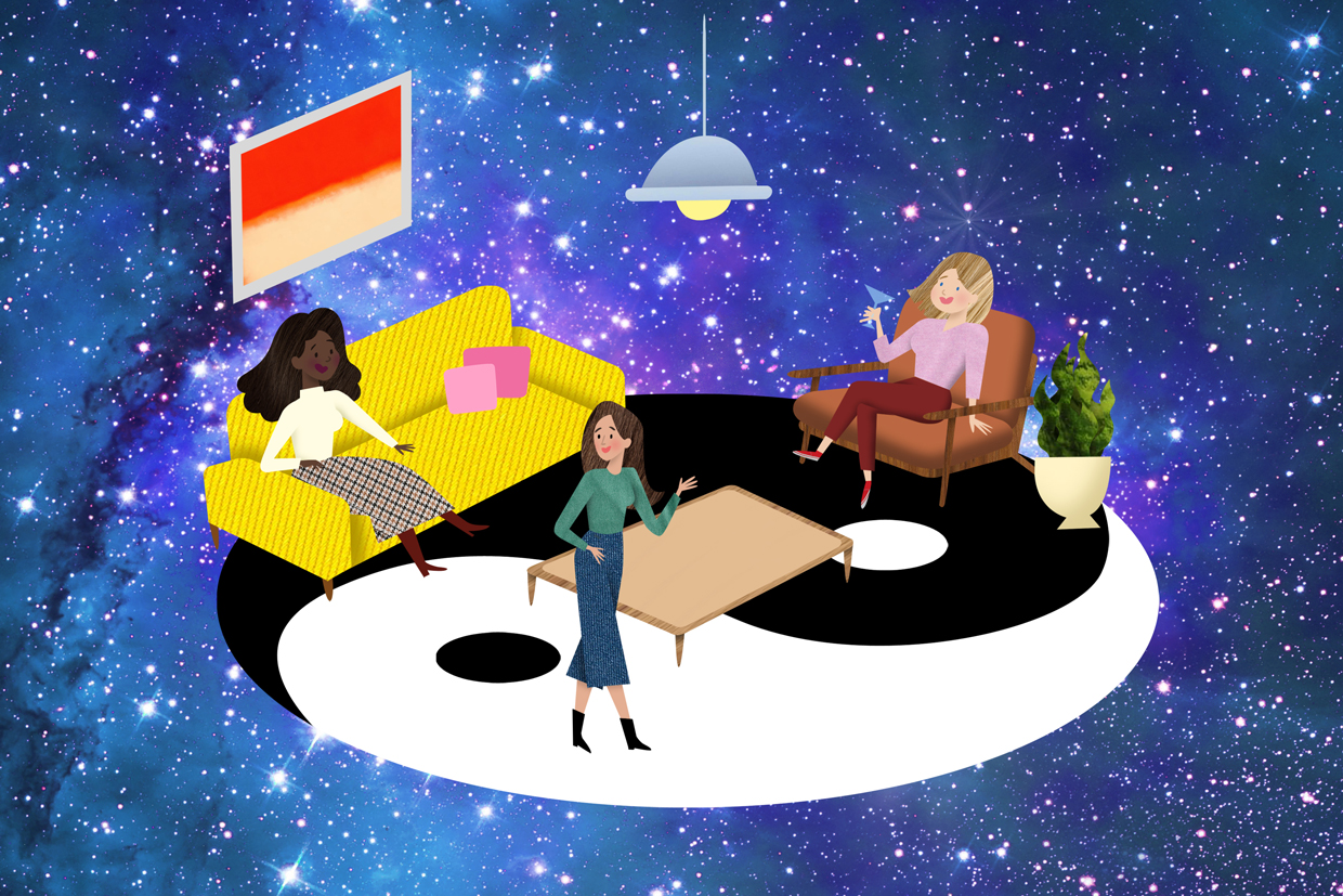 woman with friends talking in living room with a ying yang symbol