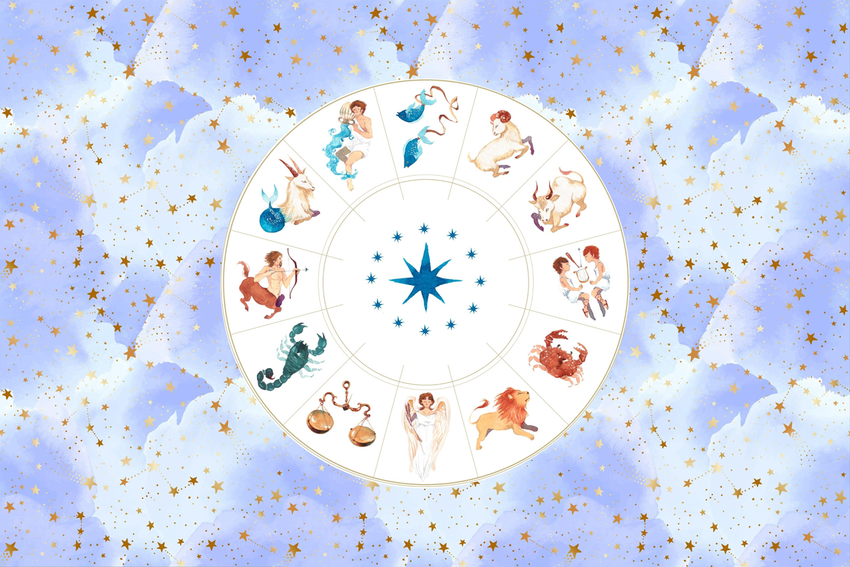 collage of Twelve constellations on watercolor star background