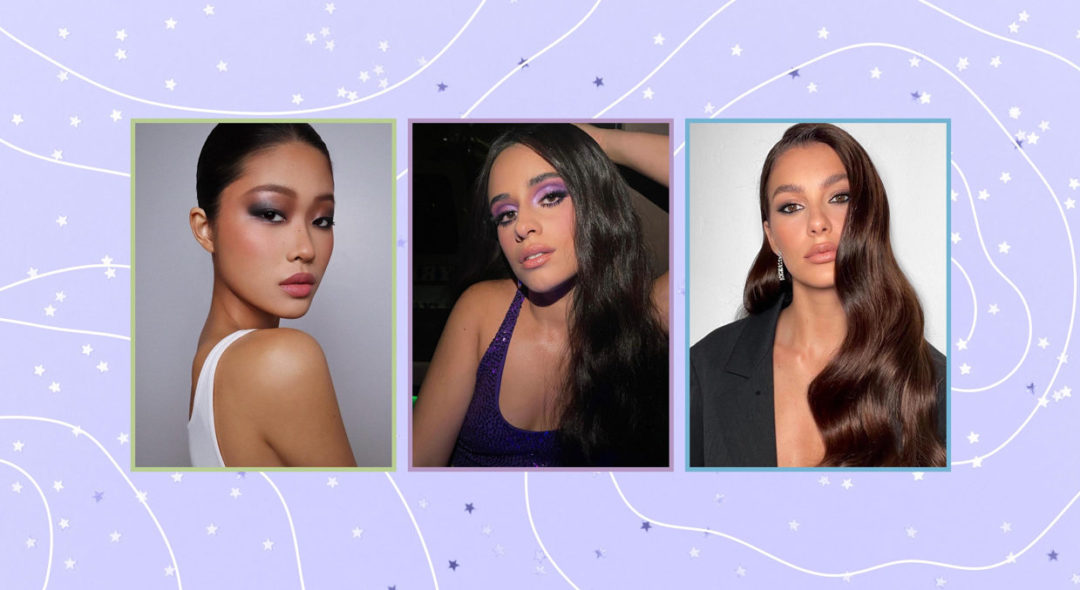 collage of beauty looks on Purple background with sequins