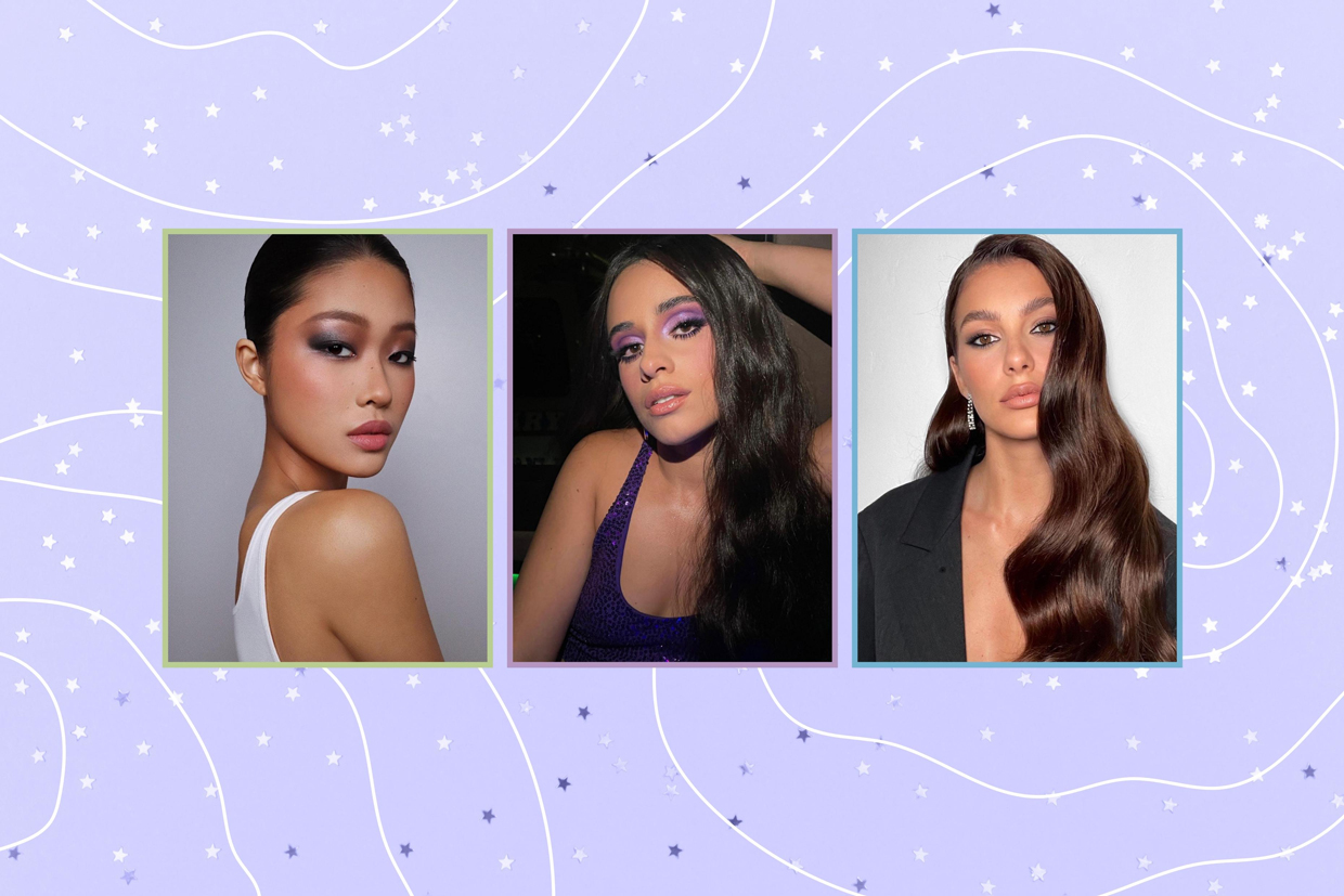 collage of beauty looks on Purple background with sequins