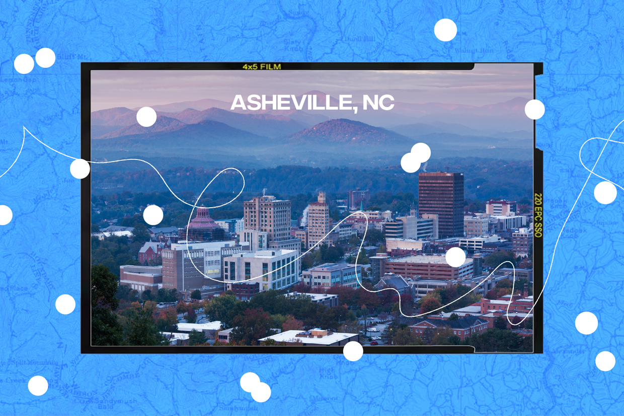 collage of Asheville NC cityscape with map illustration background