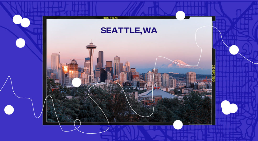 collage of Seattle, WA cityscape on blue map background
