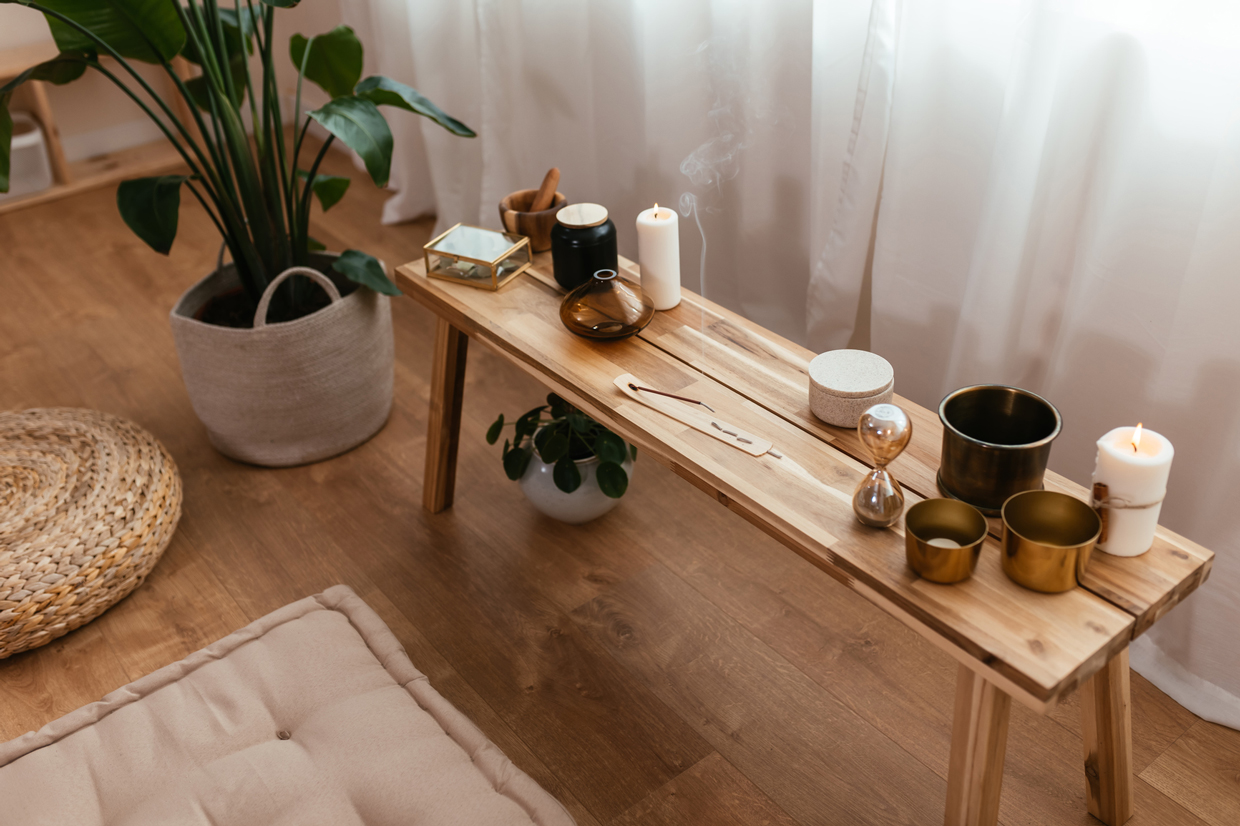 Table with meditation supplies at home