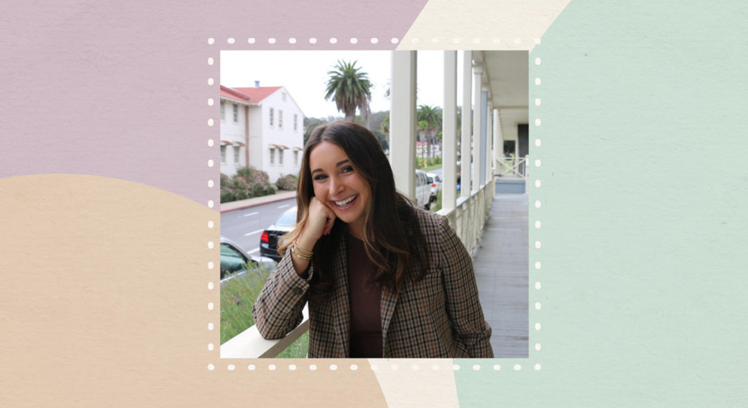 collage of tik tok corporate Natalie on abstract shapes background