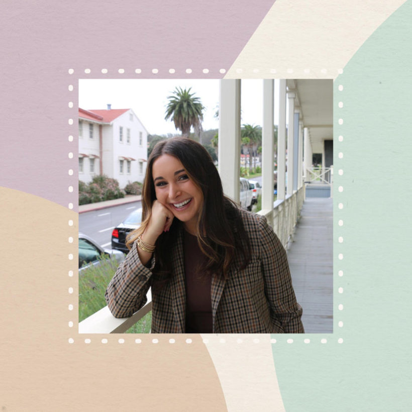 collage of tik tok corporate Natalie on abstract shapes background