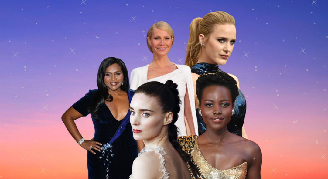 collage of Mindy Kaling, Rooney Mara; Gwyneth Paltrow; Rachel Brosnahan; Lupita Nyong'o on gradient background