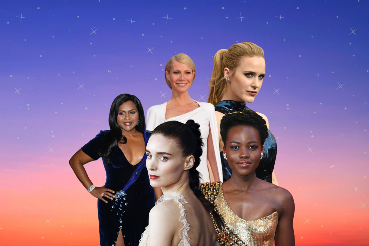 collage of Mindy Kaling, Rooney Mara; Gwyneth Paltrow; Rachel Brosnahan; Lupita Nyong'o on gradient background