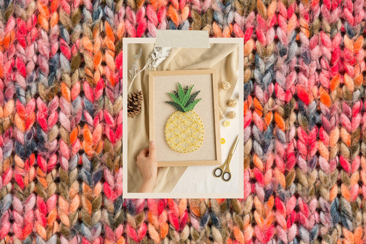 still life of craft kit on knit background