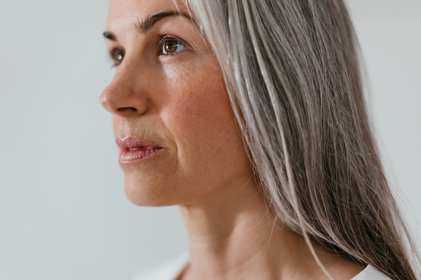 close up of woman with gray hair