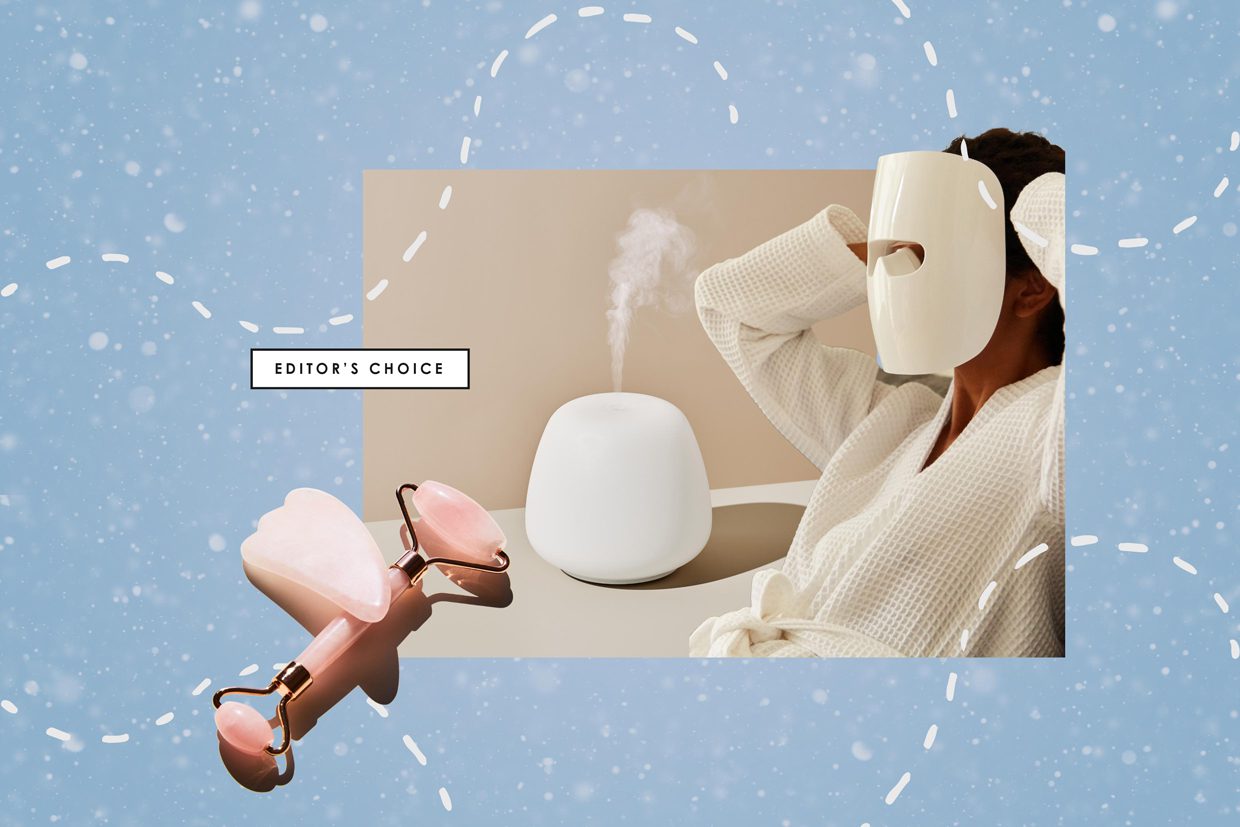 collage of woman wearing an led light mask, humidifier, gua sha and face roller