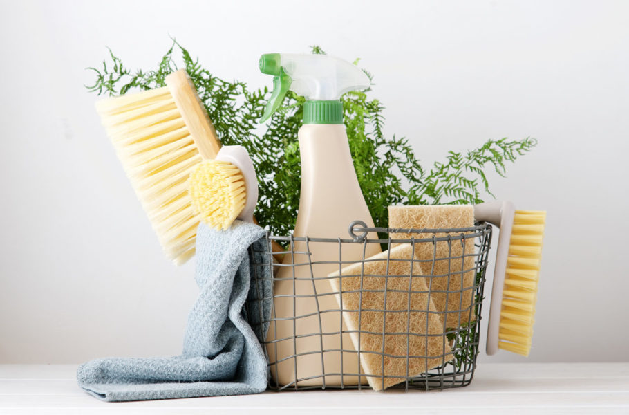 Eco brushes, sponges and rag in cleaning basket