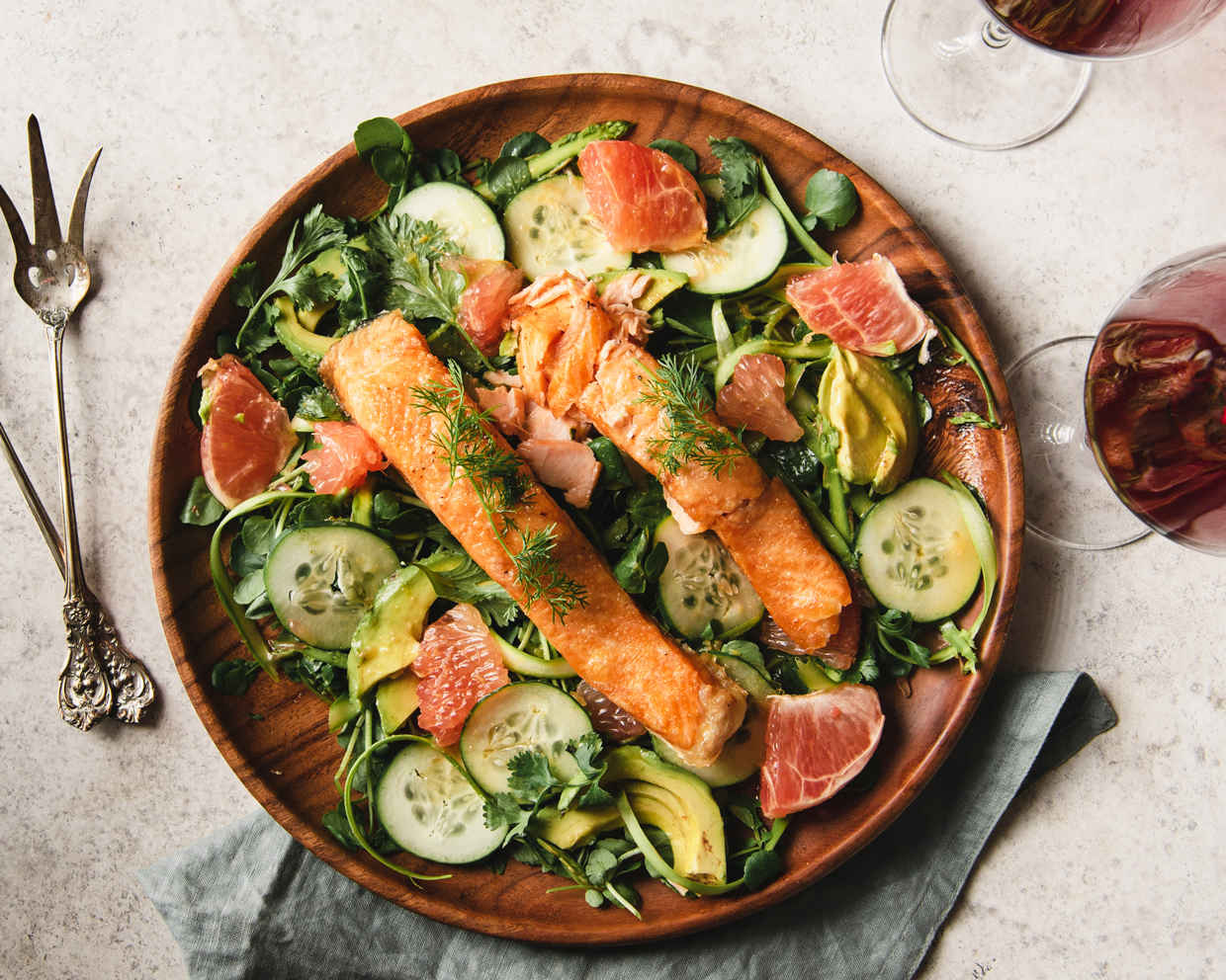 Salmon over watercress salad