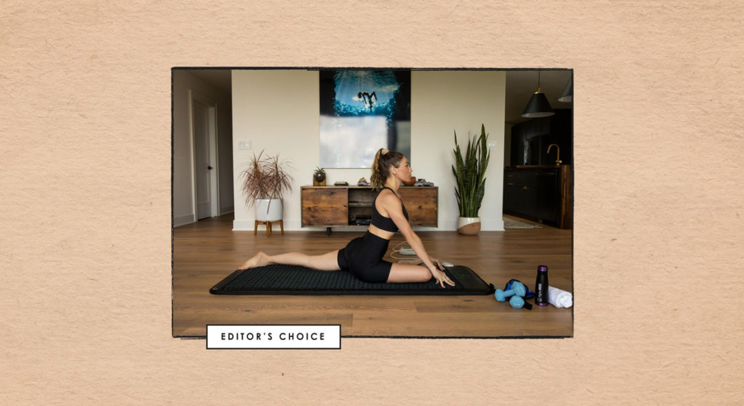 collage of woman stretching on PEMF mat