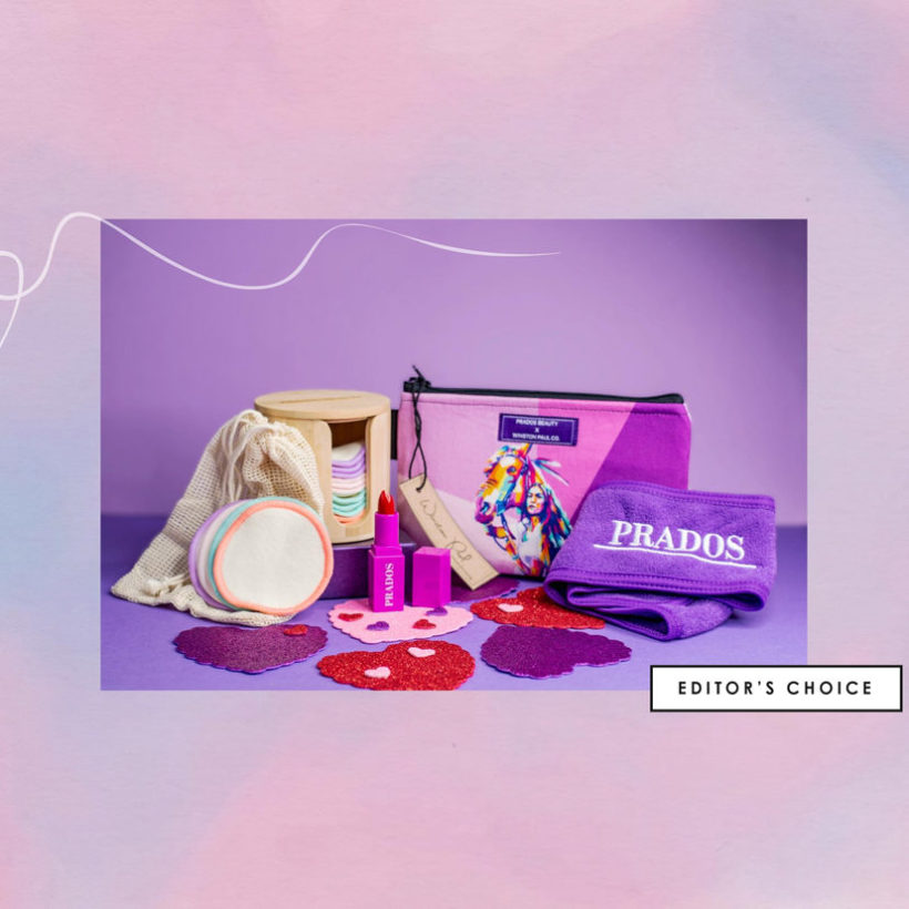 collage of Prados beauty products on gradient background