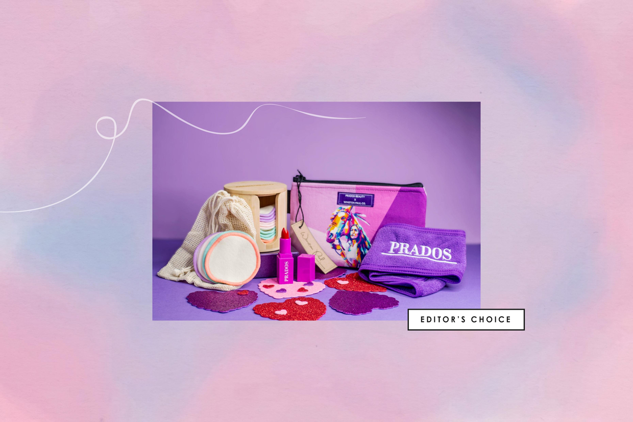 collage of Prados beauty products on gradient background