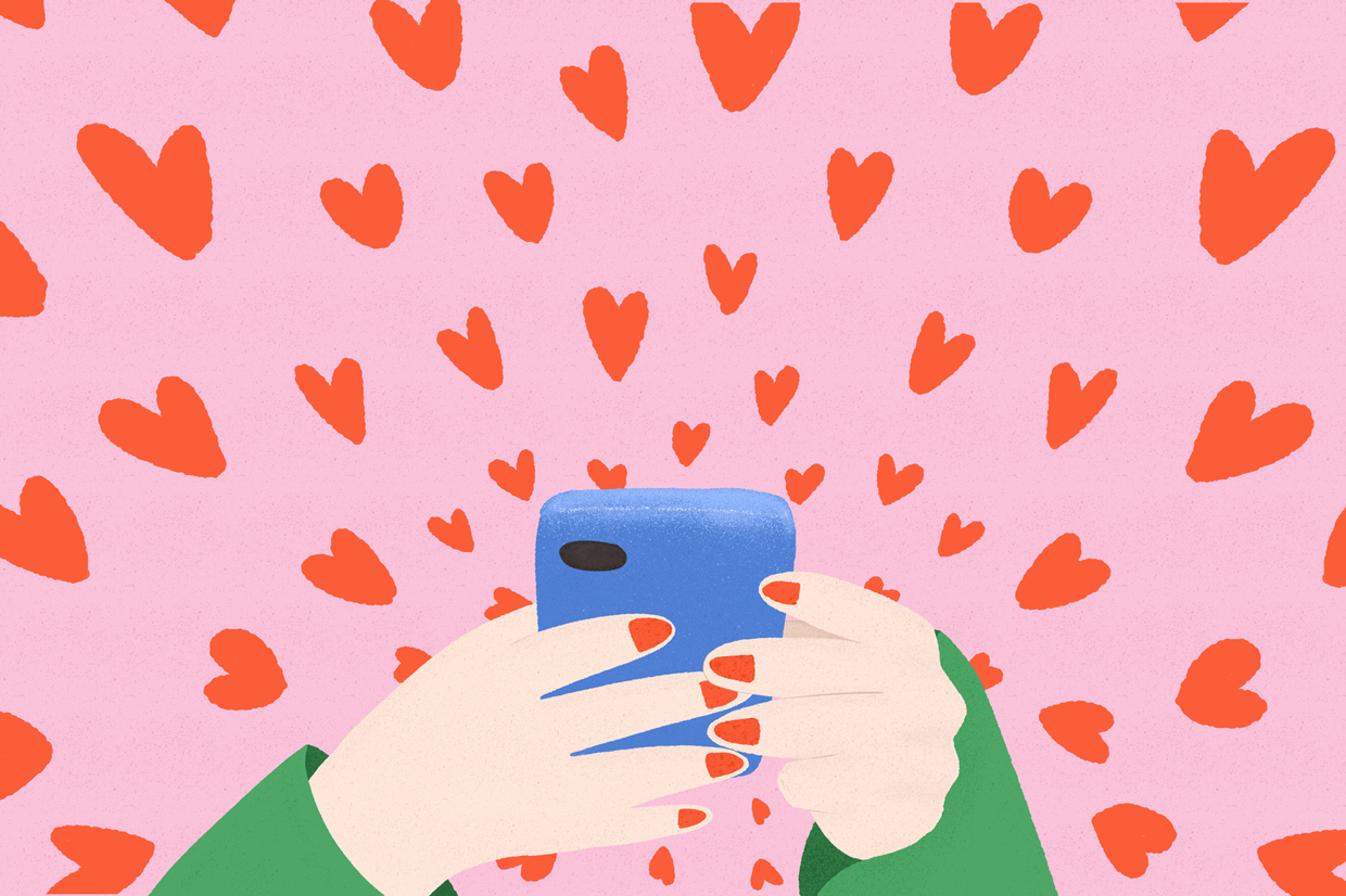 illustration of person texting and heart background