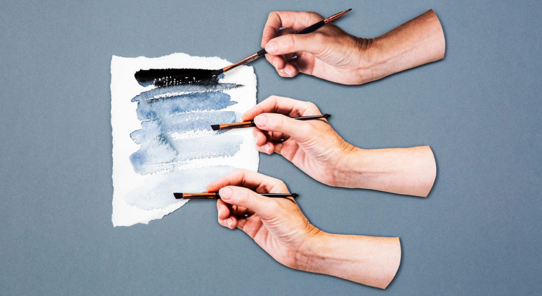 collage of Hands with makeup brushes