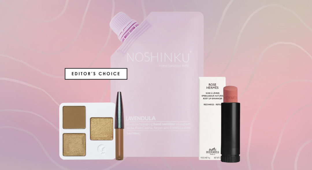 collage of refillable products on gradient background