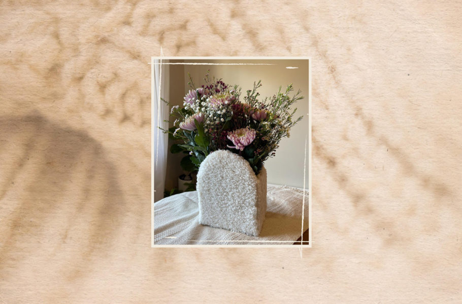 collage of diy sherpa vase over knit background