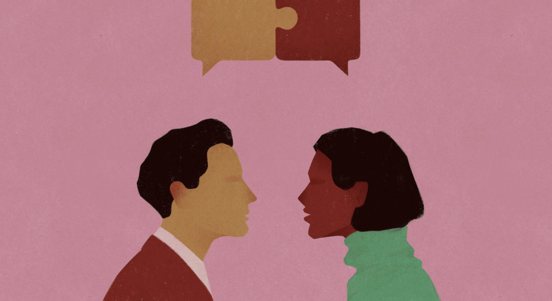 illustration of Young man and woman communicate with speech bubbles