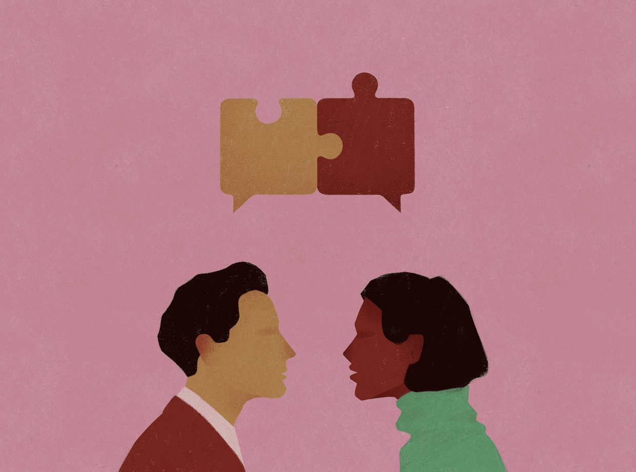 illustration of Young man and woman communicate with speech bubbles