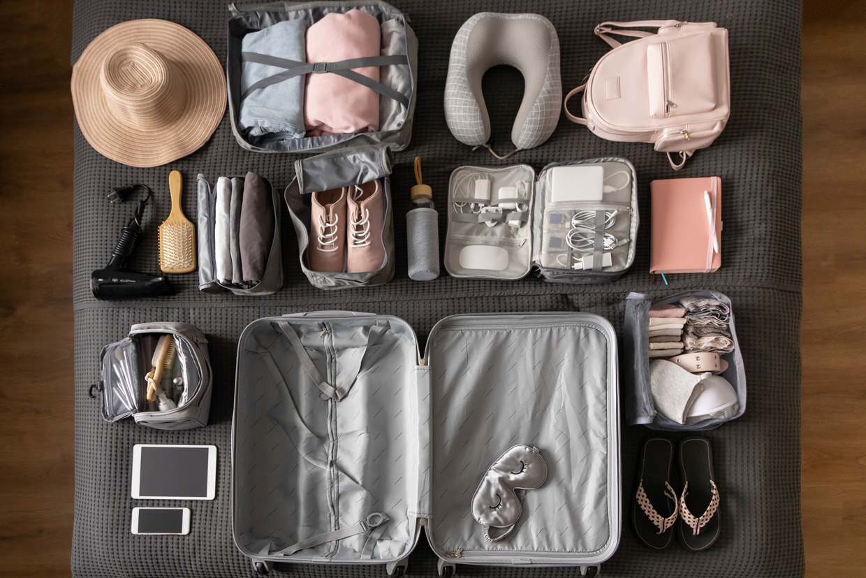flat lay of travel containers and organization