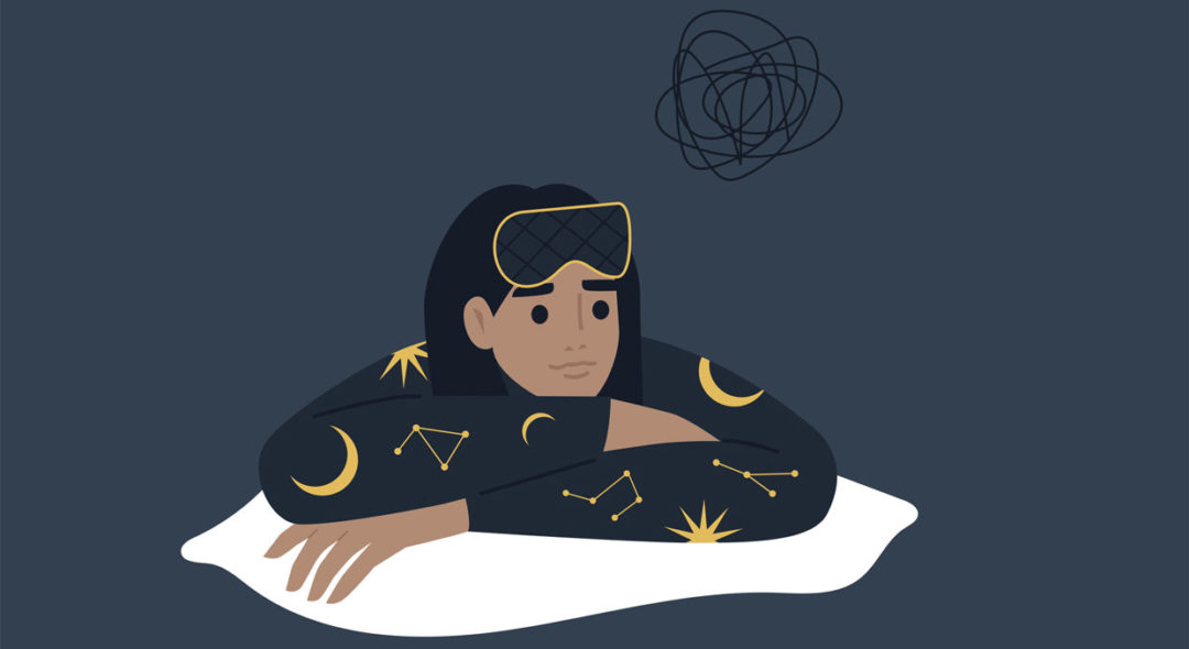 Insomnia concept, a young female character having a sleep disorder and suffering at night