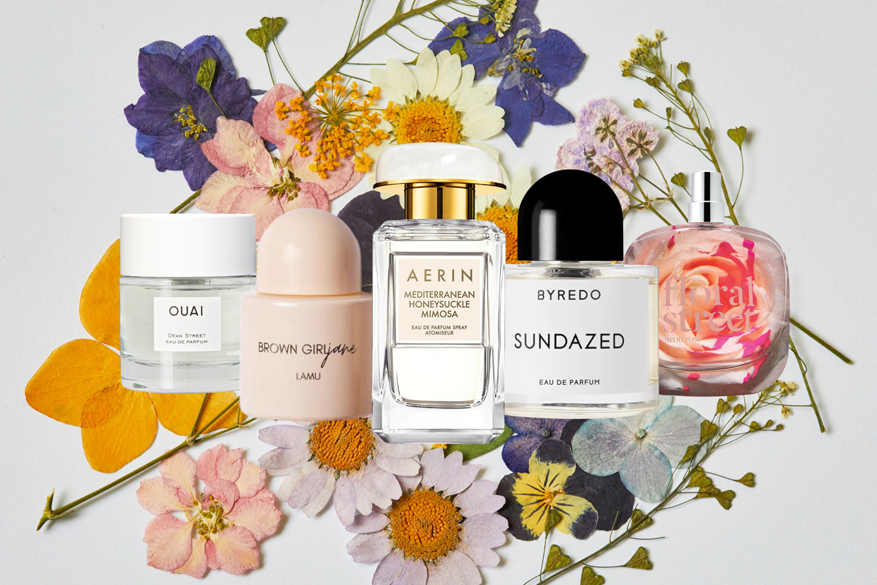 collage of perfumes over floral pressed background