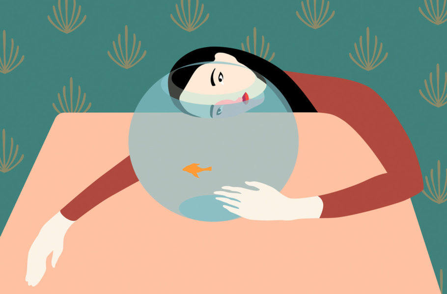 illustration of Young woman looking at fishbowl