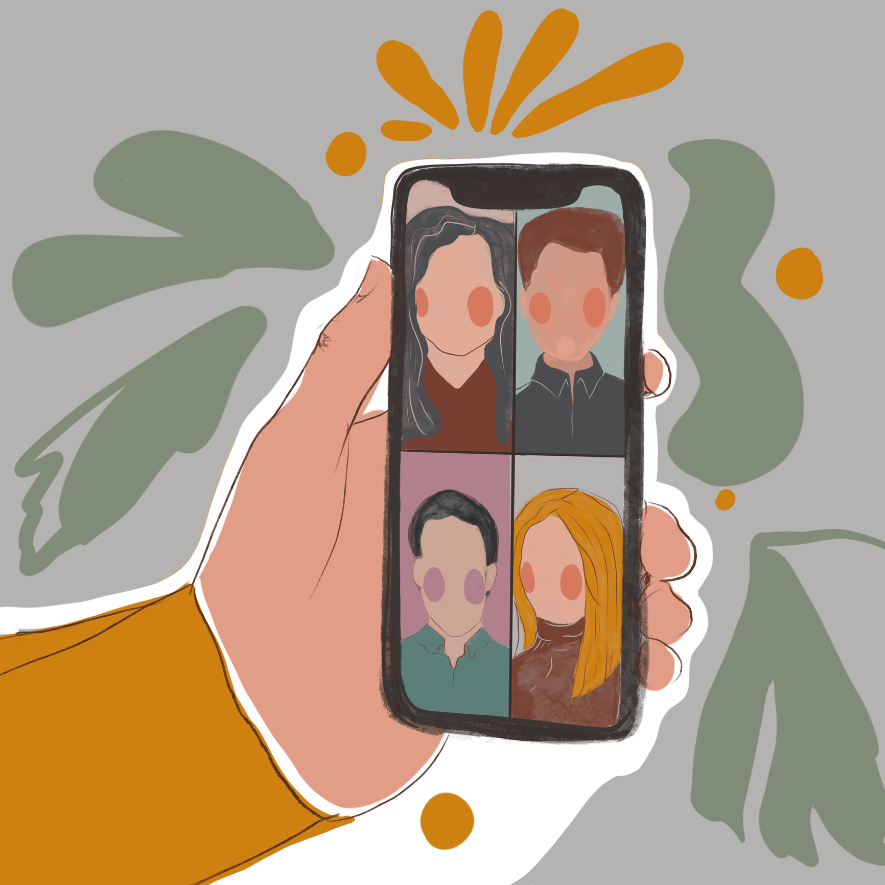 illustration of hand holding mobile phone and using the video chat app.