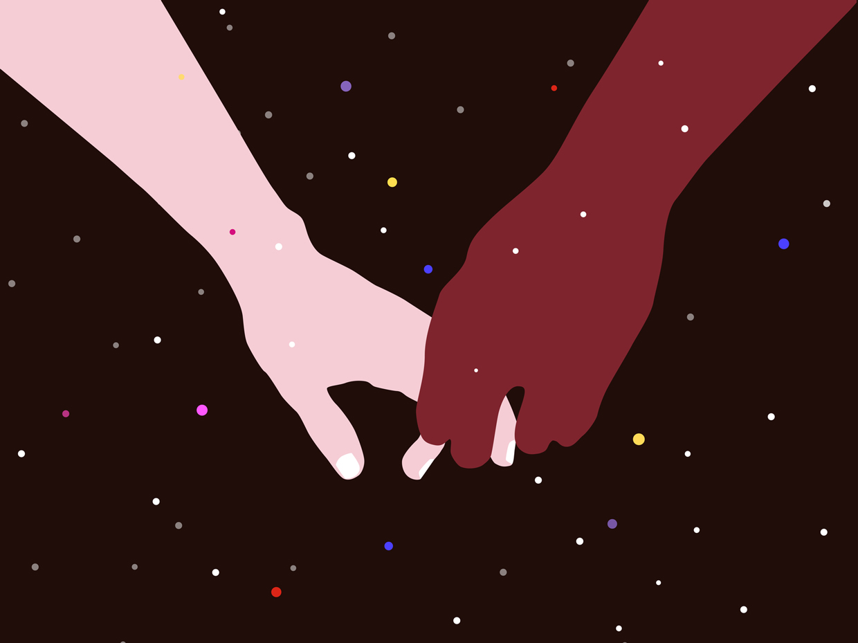 illustration of two hands holding on black sky background
