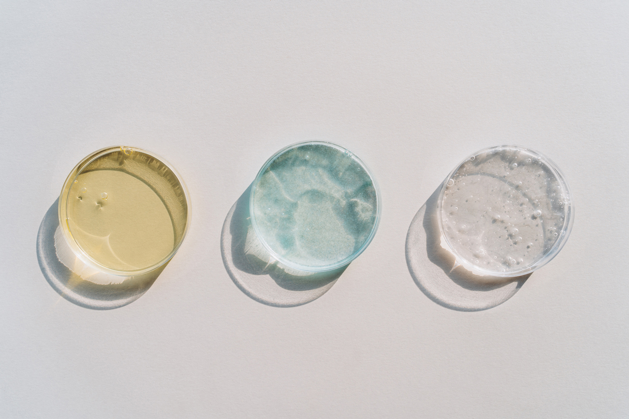 Three Petri dishes with face serums or gels containing skincare products
