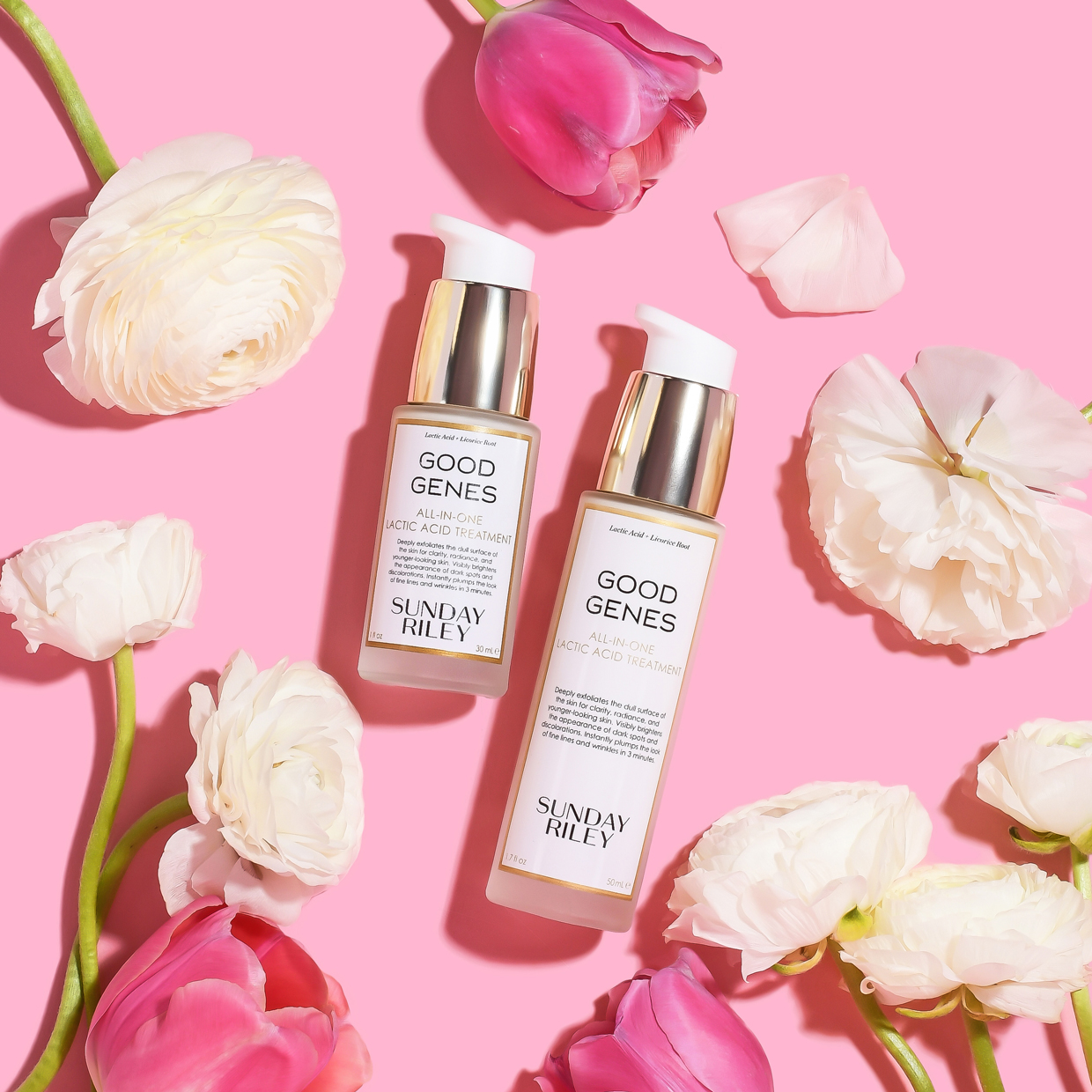 Good Genes skincare product on pink background with flowers